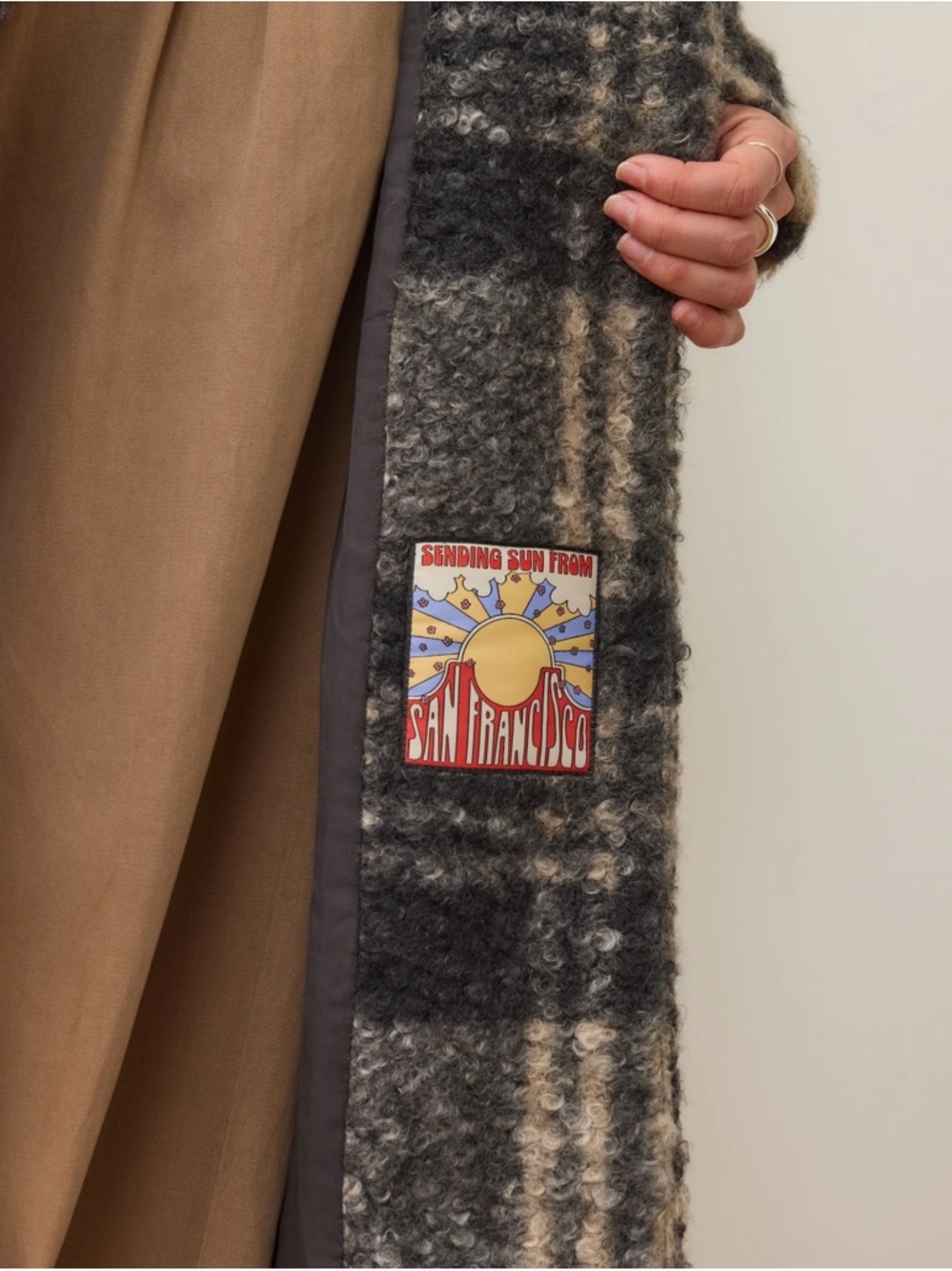 Marine Layer Plaid Long Coat in Black, Gray, and Tan - Picture 3 of 7